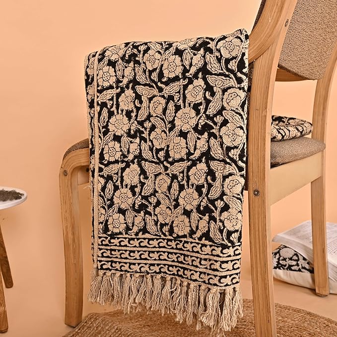 Handmade Cotton Throw Blanket 48x70 Inches | Black & Beige Floral Block Print Decorative Sofa Throw with Tassels | Large Lightweight Cotton Bedspread for Living Room, Couch, or Bedroom