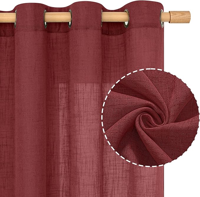 LAMIT Burgundy Red Sheer Linen Curtains 63 Inch Length, Linen Textured Light Filtering Panels Bronze Grommet Christmas Decor Drapes for Bedroom/Living Room, 2 Panels Set, 34 x 63 Inch