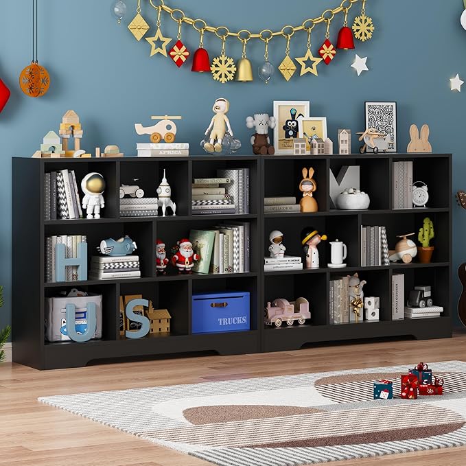 Book Shelf Set of 2, 8 Cubes Storage Organizer, Freestanding Balck Bookshelf Cube Shelf for Bedroom, Living Room, Home Office, 3-Tier Open Bookshelf Wooden Bookcase