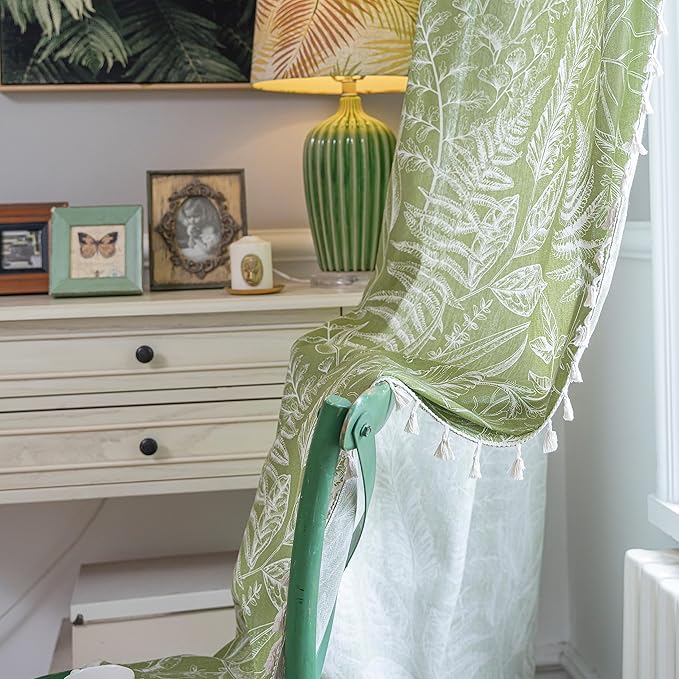 Sutuo Home Boho Curtain 84 Inches Length for Bedroom, Printed Cotton Linen Rod Pocket Rustic Farmhouse Bohemian Tassels Window Treatment, 1 Panel 59" W x 84" L, Green Tropical Leaves