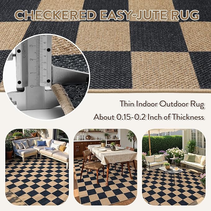 Lahome Checkered Easy Jute Carpet, Washable Area Rug 6x9 Neutral Outdoor Patio Rug, Farmhouse Checkerboard Non Slip Non Shedding Floor Carpet for Dining Living Room Deck Sunroom