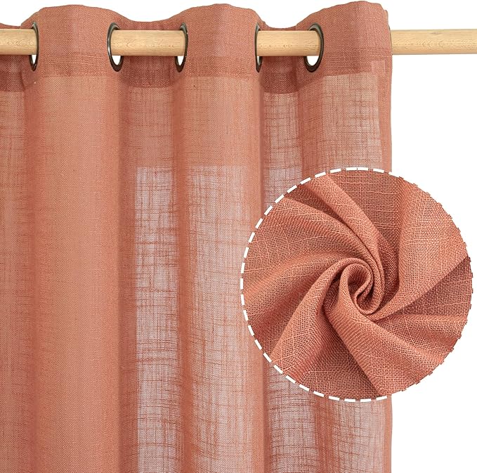 LAMIT Terracotta Linen Curtains 84 Inch Length 2 Panels for Living Room, Light Filtering Boho Window Treatments Semi Sheer Neutral Thick Drapes with Bronze Grommet for Bedroom/Farmhouse, 52 X 84 Inch
