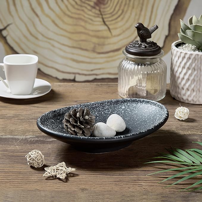 Oval Ceramic Decorative Bowl, Key Dish for Entryway Table, Small Home Decor Accent, Trinket Tray for Office Home Decor Gift (10'' Snowflake Gray without Glaze Layer)