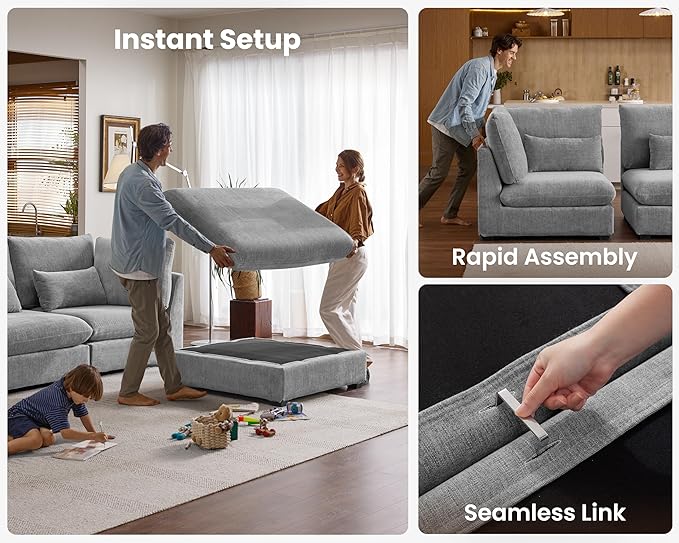 Oversized Modular Sofa, Extra Deep Cloud Chenille Sectional Couch with Ottoman Chaise, Fluffy Chenille 4 Seat L-Shaped Sofa for Living Room, Villa (L Shape 4 Seater, Chenille Grey)