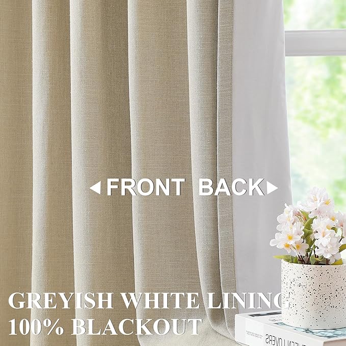 Vision Home Sand Pinch Pleated Full Blackout Curtains Linen Blended Room Darkening Window Curtains 112 inch for Living Room Bedroom Thermal Insulated Pinch Pleat Drapes with Hooks 60" Wx112 Lx1