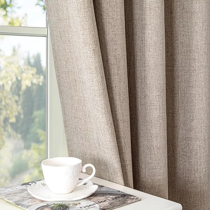 Linen Curtains 72 Inch Length 2 Panels Set, 100% Blackout Curtains Textured Thermal Insulated, Grommet Light Blocking Drapes for Living Room Bedroom Luxury Decor(52W × 72L inch, Linen)
