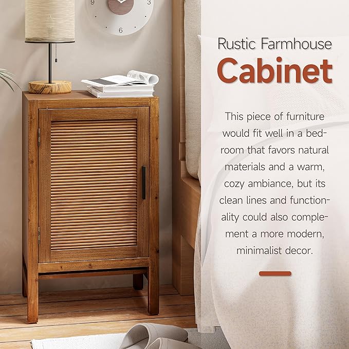 1 Door Farmhouse Nightstand, Rustic Slat Door Cabinet with 2 Shelves, Accent End Table with Storage for Bedroom, Brown