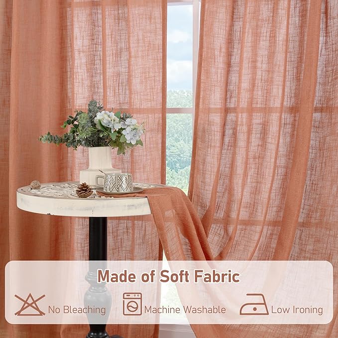 LAMIT Short Linen Window Curtains 30 Inches Long 2 Panels, Terracotta Semi Sheer Light Filtering Panels Bronze Grommet Room Decor Drapes for Basement/Small Windows, 34 x 30 Inch