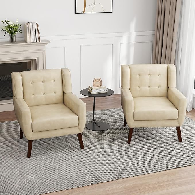 UIXE PU Leather Accent Chairs Set of 2, Modern Arm Club Chair Upholstered Armchair for Living Room, Comfy Single Sofa Seats Button Tufted Reading Seating, Cream