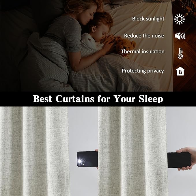 RAIN CITY 132 Inch Blackout Curtains Panels Set,Linen Textured Custom Curtains High Ceiling to Floor Rod Pocket Back Tab Farmhouse Dark Out Window Drapes for Living Room 11ft Length,Natural Cream