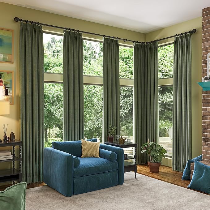 Long Blackout Curtains 108 Inch Long 2 Panels, Back Tab Pleated Look Drapes for Track System with Hooks, Noise Reducing Spring Blackout Winodw Curtains for Living Room 50x108-Loden/Olive Green