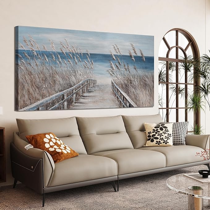 Canvas Wall Art Decor Large Modern Wall Art Decorations Blue Beach Coastal Artwork for Walls Textured Wall Art Prints Pictures Wall Decor Wall Art Bedroom 29"X58" For Room Living Room Office Wall Decor