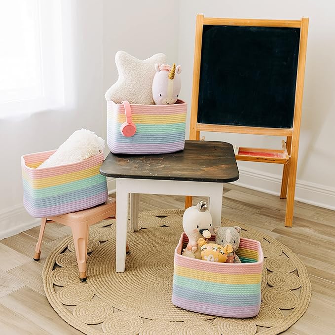 OrganiHaus Set of 3 Rainbow Woven Storage Baskets for Organizing, Cotton Rope Organizer Bins for Shelves, Closet & Nursery, Dog Toy Basket, Decorative Bins for Toys, Towels & Books - 15x10x9