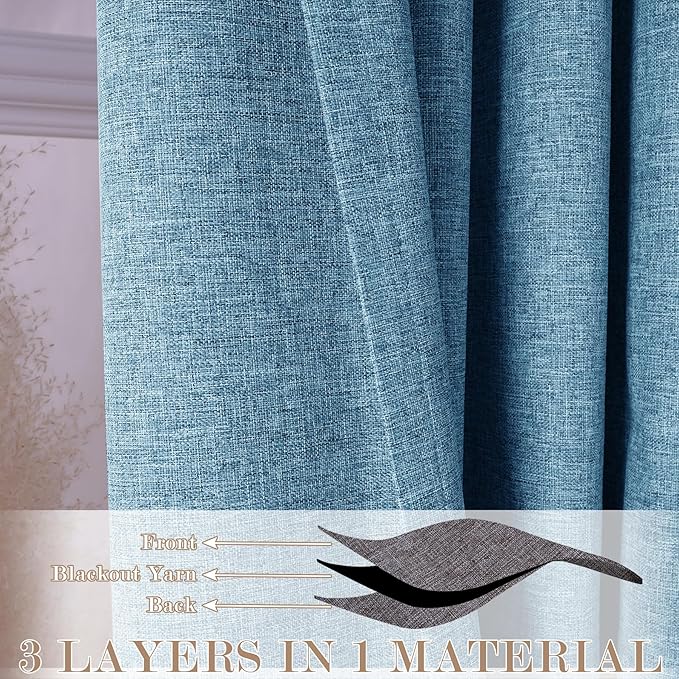 100% Blackout Linen Textured Drapes for Bedroom Pinch Pleated Curtains for Track System Portable Drapery for Sliding Glass Door/Storage/Space Room Divider, 70" Wx102 L, 1 PC, Blue