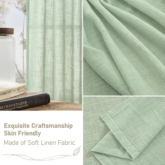 LAMIT Short Linen Curtains 40 Inch Length for Small Window, Fresh Green Light Filtering Semi Sheer Panels Bronze Grommet Neutral Drapes for Basement/Window, 2 Panels, 34 x 40 Inch