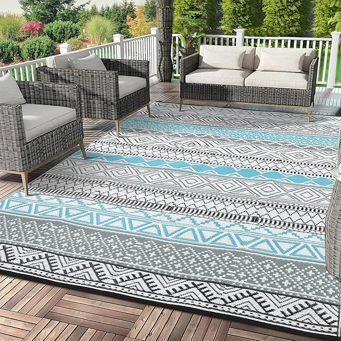 GAOMON Outdoor Rug Waterproof 8'x10', Reversible Outdoor Plastic Straw Rug, Boho Patio Rug, Indoor Outdoor Carpet, RV Mat Outside for Patio, Camp, Picnic, Balcony, Deck, Blue/Grey(Bohemia)