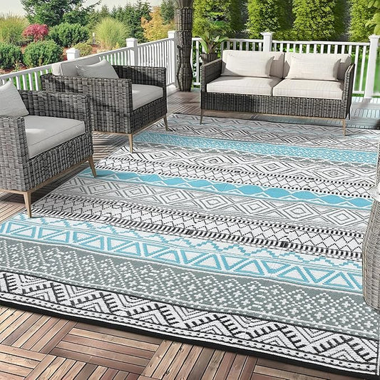 GAOMON Outdoor Rug Waterproof 8'x10', Reversible Outdoor Plastic Straw Rug, Boho Patio Rug, Indoor Outdoor Carpet, RV Mat Outside for Patio, Camp, Picnic, Balcony, Deck, Blue/Grey(Bohemia)