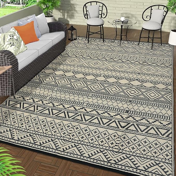 GAOMON Outdoor Rug 9'x12' Waterproof Rug for Patio Decor, Foldable Reversible Plastic Straw Area Rugs Mat for Camper, Outside Carpet for Deck, Porch, Picnic, Beach, Black/Coffee(Bohemia)