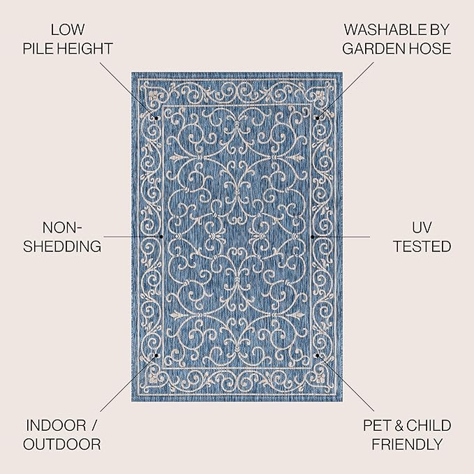 JONATHAN Y Vintage Filigree Indoor Outdoor Square Area Rug 8X8 Navy/Gray, Charleston Textured Weave for Backyard, Patio, Porch, Easy-Cleaning, High Traffic, Pet-Friendly, Non-Shedding (SMB106D-8SQ)