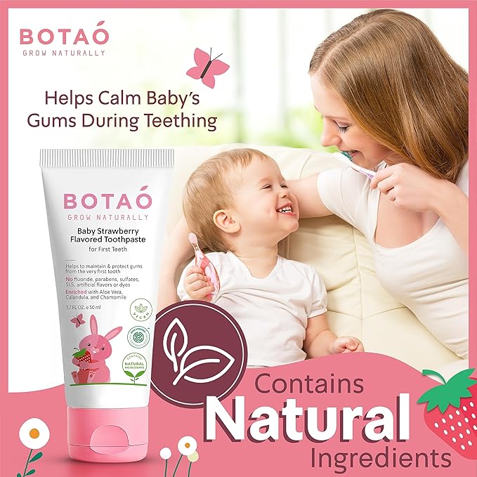 Fluoride Free Baby Toothpaste | Strawberry Flavored - Organic Training Natural Toddler Toothpaste for Toddlers | EWG Verified, Vegan, SLS Free, Safe to Swallow, Aloe Vera -1.7Oz