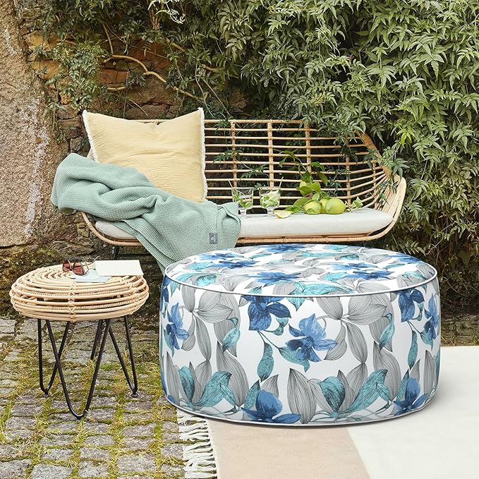 LVTXIII Outdoor/Indoor Inflatable Ottoman, All Weather Round Footrest Stool with Handle D31”x H14”, Portable Pouf for Patio Garden Camping or Home Decoration, Clemens Noir Blue