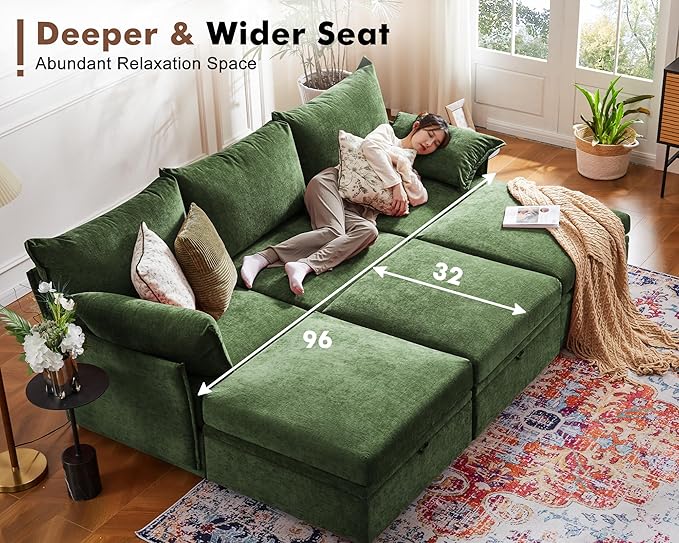 102.6" U Shaped Modular Sectional Sofa, 5 Seater Couch with Storage Ottoman Deep Seat and High Backrest with Removable Cover for Living Room, Apartment - Chenille Green