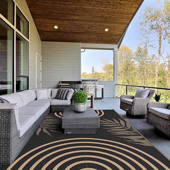 GENIMO Outdoor Rug 9' x 12' Waterproof for Patio Clearance, Reversible Lightweight Plastic Straw Camping Carpet, Large Area Rugs Mats for Rv, Backyard, Deck, Porch, Picnic, Balcony, Mix-Black & Brown