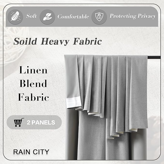 RAIN CITY Long Blackout Curtains 132 Inch Long 2 Panels Grey, Back Tab Pleated Look Drapes for Track System with Hooks, Noise Reducing Spring Blackout Winodw Curtains for Living Room 50x132
