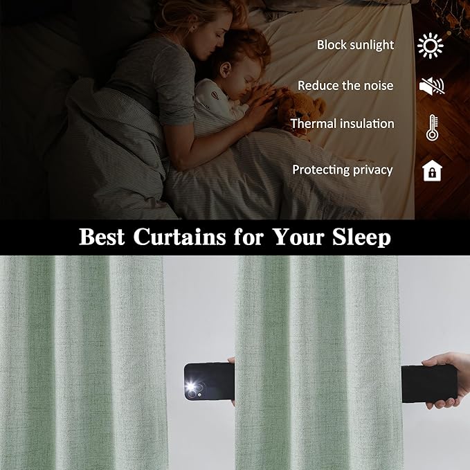 RAIN CITY Light Green Linen Blackout Curtains 102 Inch Long for Living Room,2 Panels Pinch Pleated Drape with Hooks Back Tab Boho Decor, Textured Full Black Out Curtains for Bedroom 50 x 102