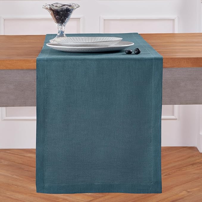 Solino Home Linen Table Runner 60 Inches - 100% Pure Linen Peacock Blue Table Runner 14 x 60 Inch Ideal for Dresser and Coffee Tables - Fete