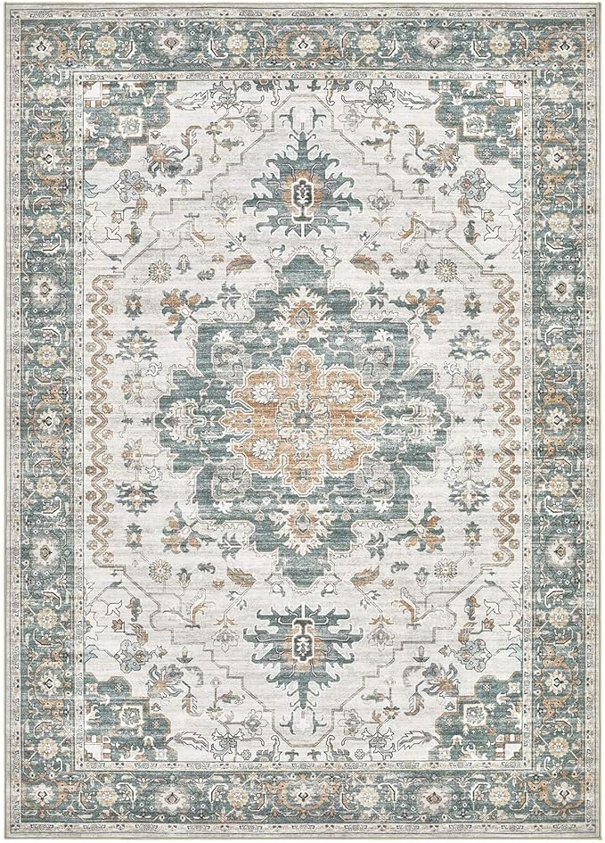 Washable Area Rugs for Living Room -9x12 Neutral Vintage Distressed Floral Farmhouse Boho Large Soft Floor Rug Indoor Non Slip Carpet for Living Room Bedroom Dining Room Office -Green/Grey