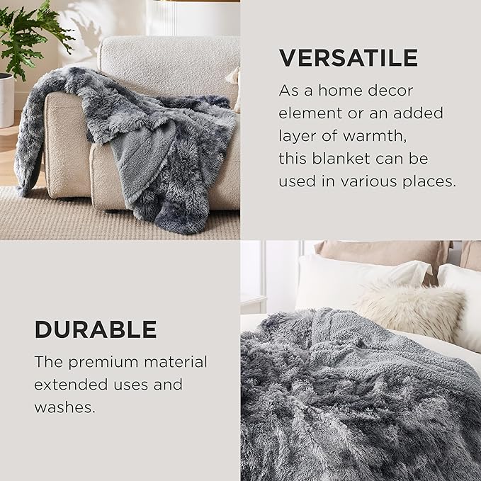 Bedsure GentleSoft Fluffy Sherpa Fleece Faux Fur Blankets Queen Size for Bed, Bedroom Decor Winter Thick Warm Full Queen Blankets, Fuzzy Plush Soft Heavy Mink Tie Dye Grey Bedding Cozy Gifts, 90x90