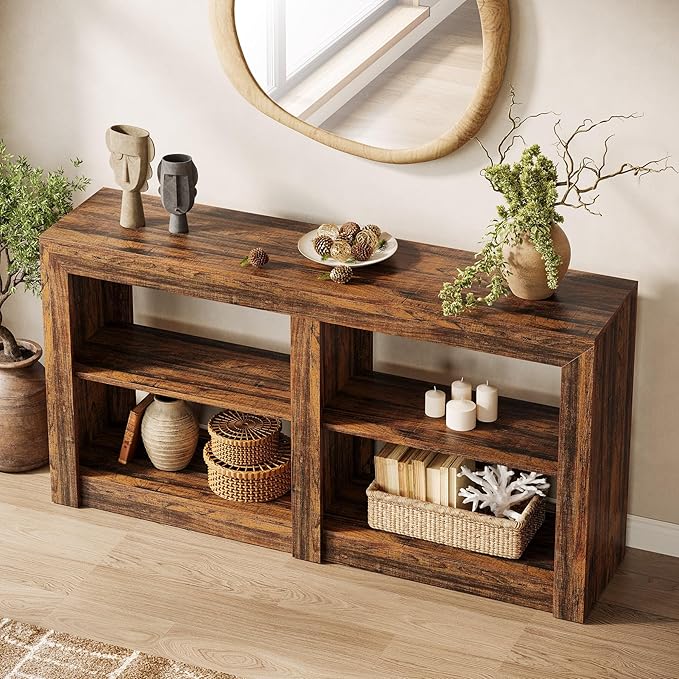 Tribesigns 59-Inch Farmhouse Entryway Table, 3-Tier Console Tables for Living Room, Wood Console Behind Couch for Living Room, Hallway, Foyer, Rustic Brown