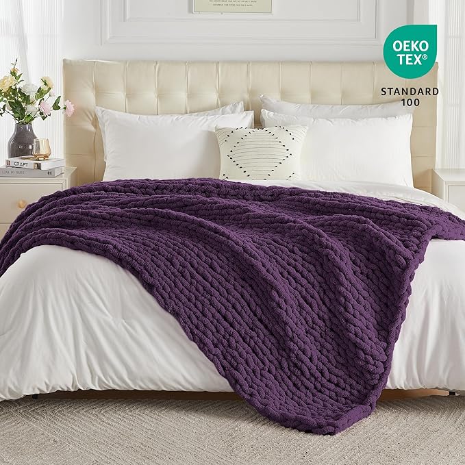 Carriediosa Chunky Knit Throw Blanket 60" X 80" Twin, 100% Hand Made Large Chenille Loop Yarn Soft Fluffy Throws for Couch Sofa Bed, Big Crochet Cozy Heavy Thick Cable Woven Blanket, Dark Purple