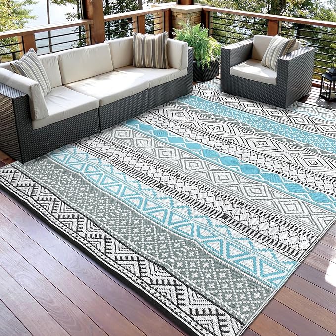 GAOMON Outdoor Rug Waterproof 8'x10', Reversible Outdoor Plastic Straw Rug, Boho Patio Rug, Indoor Outdoor Carpet, RV Mat Outside for Patio, Camp, Picnic, Balcony, Deck, Blue/Grey(Bohemia)