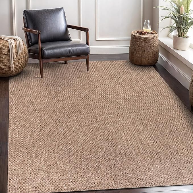 CAMILSON Easy Jute Rug 9x12, Large Indoor Outdoor Natural Color Farmhouse Area Rugs for Living Room Patio and Kitchen Rug, Solid Boho Woven Design, Easy-Cleaning, Washable Outside Carpet (9 x 12)