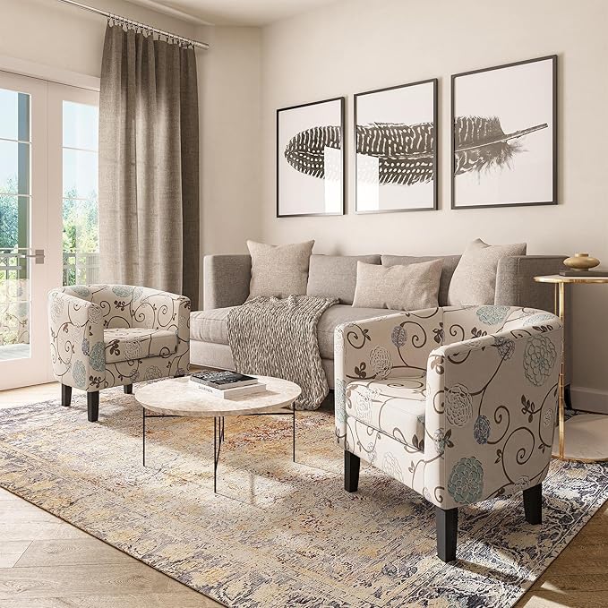 BELLEZE Living Room Chairs Set of 2, Linen Round Accent Barrel Chairs, Club Tub Sofa Chairs for Bedroom, Corner Chairs with Flared Legs and Cozy Soft Padding - Highland (Floral Print)