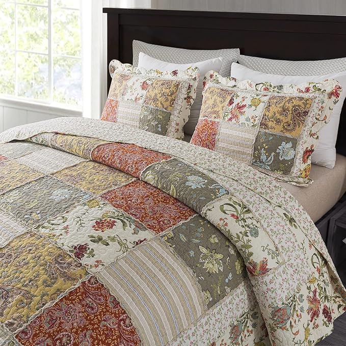 NEWLAKE Cotton Patchwork Bedspread, 3-Piece Bedding Quilt Set with Real Stitched Embroidery, Reversible Matelasse Bed Coverlet Set,Floral Paisley Grid with Lace,Queen Size