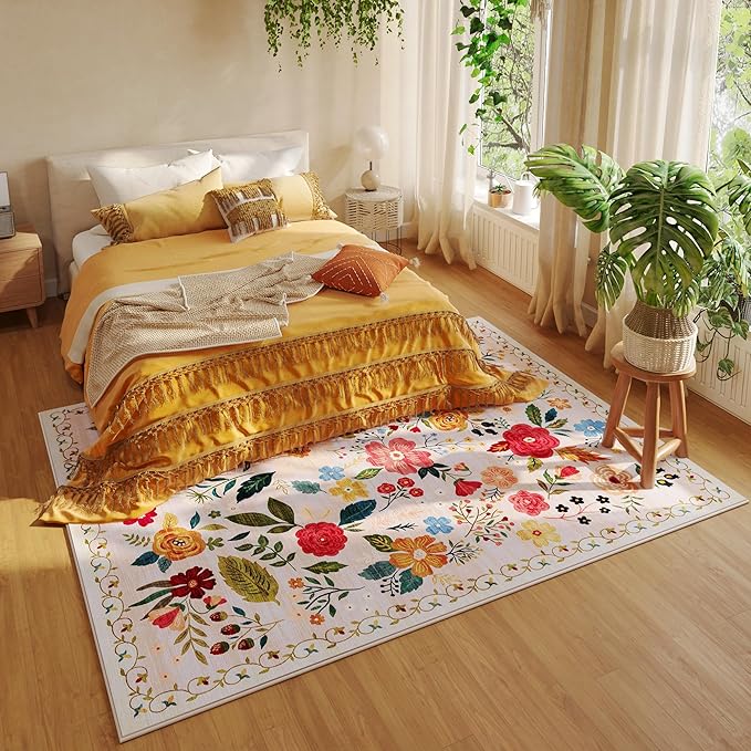 Living Room Rug 5x7 Rug Machine Washable Boho Area Rug Non Slip Floral Vintage Low Pile Large Rugs for Living Room, Bedroom, Farmhouse, Dining Room, Kids Playroom(Beige)