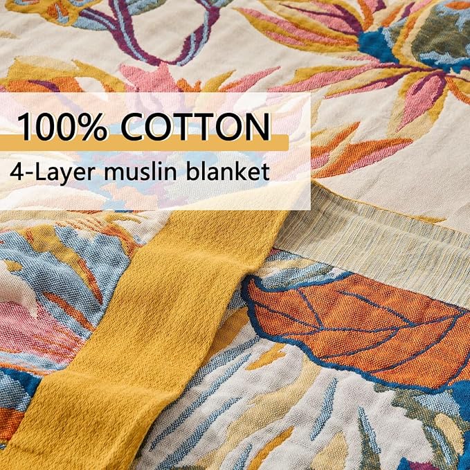 Boho Throw Blanket for Bed, Sofa,Cozy Warm Lightweight Fall Throw Blankets,100% Woven Cotton Southwestern Farmhouse Floral Decor Reversible Blanket, Chair, Picnic Blanket, 50"x60"