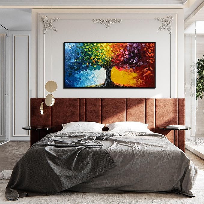 Hand Painted Colorful Tree Painting for Living Room - Bedroom Signs Wall Decor Above Bed - Large Framed Wall Art Size 29" x 59"