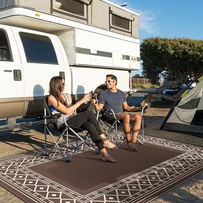 GENIMO Outdoor Rug Waterproof for Patio Decor, 5'x8' Reversible Plastic Straw Rug Carpet, Camping Mat for Outdoor, RV, Backyard, Deck, Balcony, Picnic, Beach, Coffee & Beige