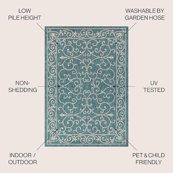 JONATHAN Y Vintage Filigree Indoor Outdoor Round Area Rug 9 Ft Teal/Gray, Charleston Textured Weave for Backyard, Patio, Porch, Easy-Cleaning, High Traffic, Pet-Friendly, Non-Shedding (SMB106F-9R)