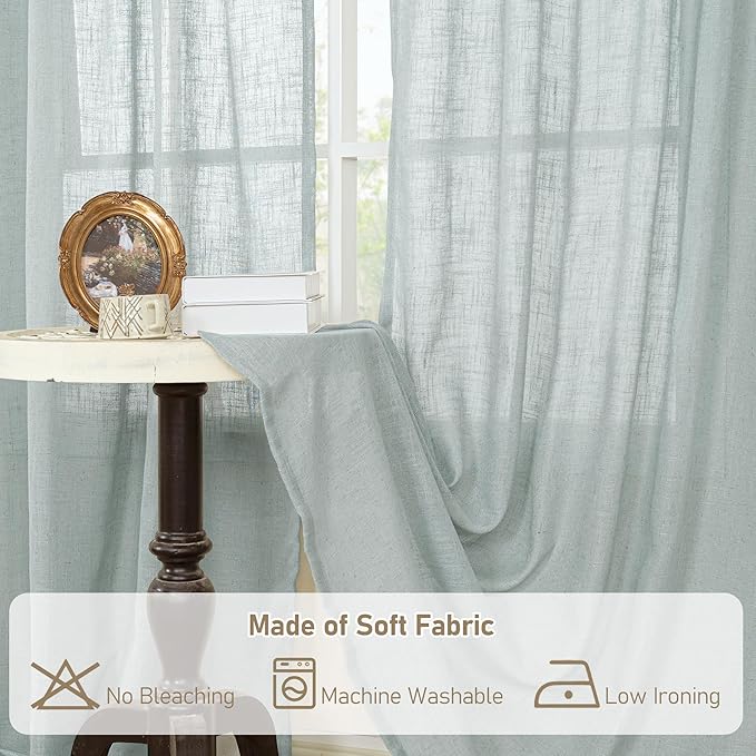 LAMIT Sheer Linen Curtains 63 inches Long for Bedroom, Bronze Grommet Linen Drapes Light Filtering Semi Sheer Curtains for Small Window/Kitchen, 2 Panels, 34 x 63 Inch, Greyish Blue