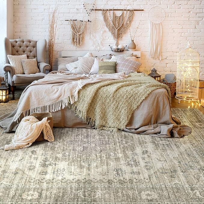 Washable Area Rugs for Living Room -9x12 Neutral Vintage Distressed Floral Farmhouse Boho Large Soft Floor Rug Indoor Non Slip Carpet for Living Room Bedroom Dining Room Office - Brown/Tan