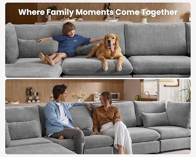 Oversized Modular Sofa, Extra Deep Cloud Chenille Sectional Couch with Ottoman Chaise, Fluffy Chenille 6 Seat U-Shaped Sofa for Living Room, Villa (U Shape 6 Seater, Chenille Grey)