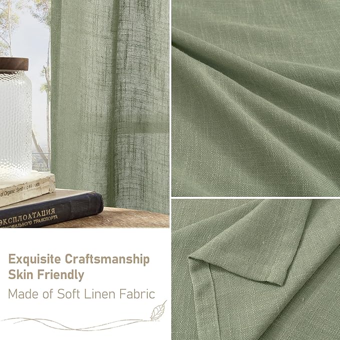 LAMIT Sheer Linen Curtains 63 inches Long for Bedroom, Bronze Grommet Linen Drapes Light Filtering Semi Sheer Curtains for Small Window/Farmhouse, 2 Panels (52 x 63 Inch, Sage Green)