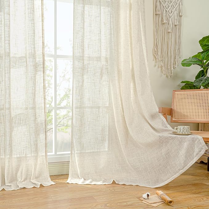 LAMIT Natural Linen Curtains 63 inch Length for Living Room, Boho Semi Sheer Light Filtering Window Textured Neutral Drapes with Bronze Grommet for Bedroom, 2 Panels Set, 60 x 63 Inch