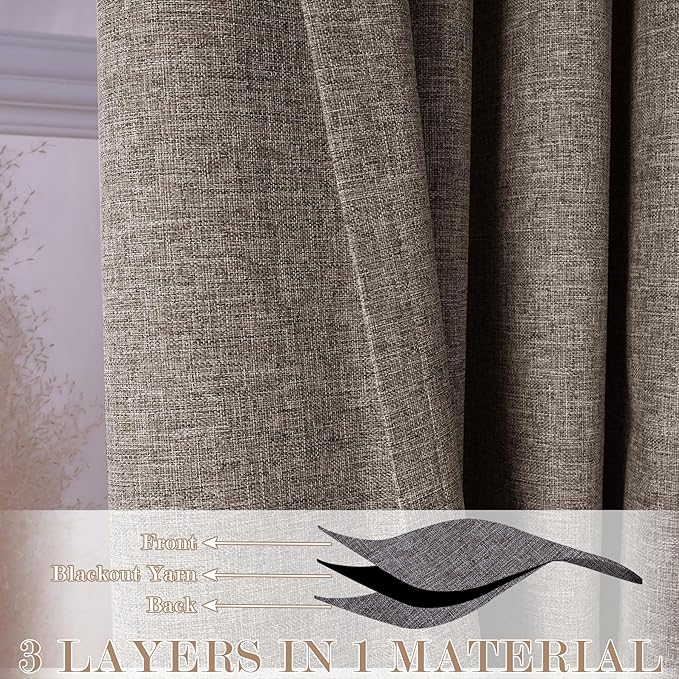 100% Blackout Linen Textured Drapes for Bedroom Pinch Pleated Curtains for Track System Portable Drapery for Sliding Glass Door/Storage/Space Room Divider, 70" Wx102 L, 1 PC, Light Coffee