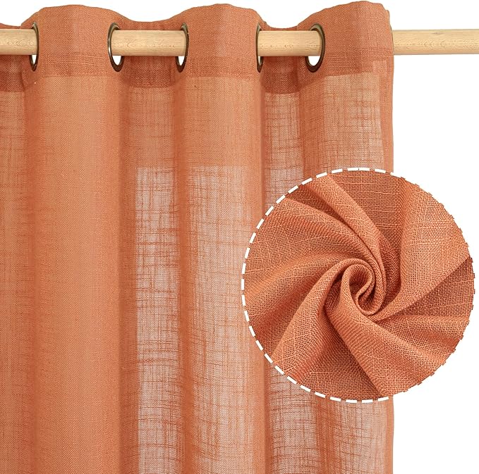LAMIT Burnt Orange Linen Curtains 48 Inch Length for Kitchen, Semi Sheer Light Filtering Panels Bronze Grommet Small Window Drapes for Basement, 2 Panels, 34 x 48 Inch